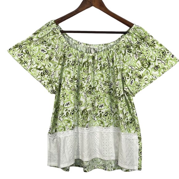 Cato Off -Shoulder Top Women Size L Green Pattern Short Sleeve Eyelet Summer - Picture 2 of 12